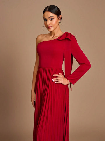 Elegant, Romantic, Dignified, Red, Sloping Shoulders, Long Sleeves, Bow, Pleated, Waist, A-Hem, Wedding Event, Bridesmaid Dress