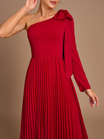 Elegant, Romantic, Dignified, Red, Sloping Shoulders, Long Sleeves, Bow, Pleated, Waist, A-Hem, Wedding Event, Bridesmaid Dress