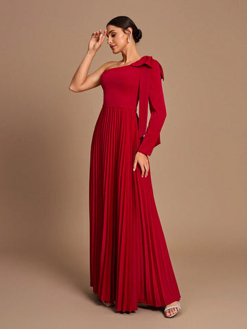 Elegant, Romantic, Dignified, Red, Sloping Shoulders, Long Sleeves, Bow, Pleated, Waist, A-Hem, Wedding Event, Bridesmaid Dress