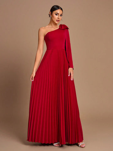 Elegant, Romantic, Dignified, Red, Sloping Shoulders, Long Sleeves, Bow, Pleated, Waist, A-Hem, Wedding Event, Bridesmaid Dress