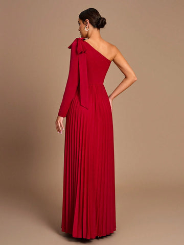 Elegant, Romantic, Dignified, Red, Sloping Shoulders, Long Sleeves, Bow, Pleated, Waist, A-Hem, Wedding Event, Bridesmaid Dress