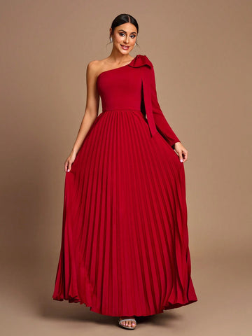 Elegant, Romantic, Dignified, Red, Sloping Shoulders, Long Sleeves, Bow, Pleated, Waist, A-Hem, Wedding Event, Bridesmaid Dress