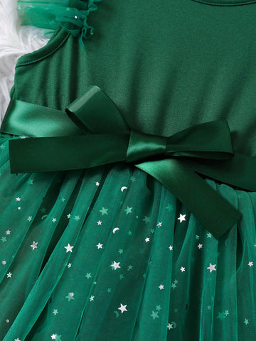 Young Girl Round Neck Patchwork Sequin Mesh Cap Sleeve Waist Bow Cute Dress