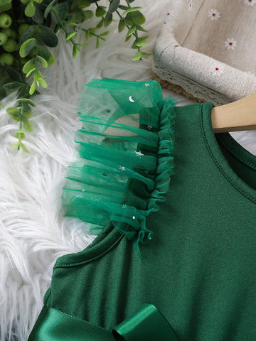 Young Girl Round Neck Patchwork Sequin Mesh Cap Sleeve Waist Bow Cute Dress