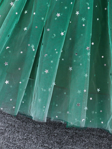 Young Girl Round Neck Patchwork Sequin Mesh Cap Sleeve Waist Bow Cute Dress