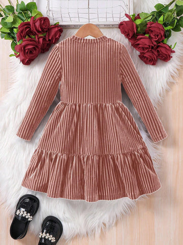 Young Girl Striped Velvet A-Line Dress, Elegant Long Sleeve Cake Dress, For Birthday Party, Vacation, Great For Casual & Daily Wear & School Daily