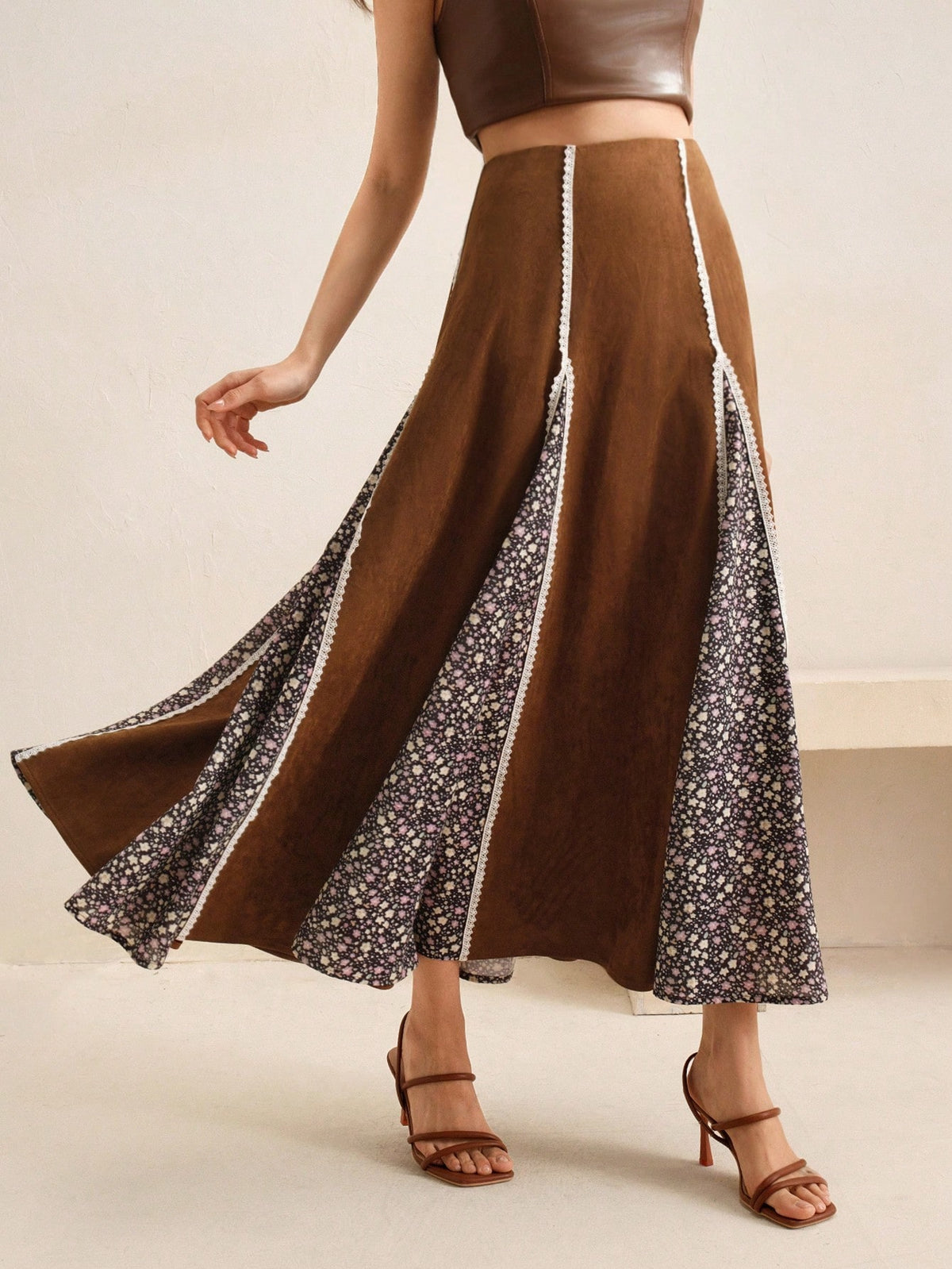 Anewsta Women's Khaki Beige Pleated Skirt, Elegant