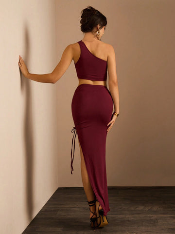 Glamine Women Solid Color Asymmetric Shoulder Sleeveless Crop Top And Mini Skirt Set