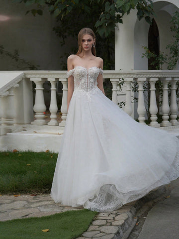 ANGELAG Elegant Embroidery Pearl Beading Drop Shoulder Sexy Split Train Wedding Dress