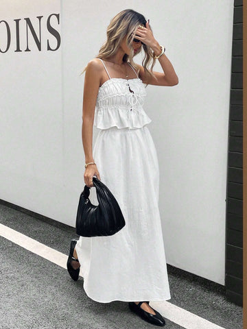 Siren Gaze 2pcs Women Solid Color Ruffle Edge Camisole And Mini Skirt Set