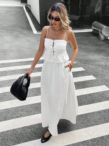 Siren Gaze 2pcs Women Solid Color Ruffle Edge Camisole And Mini Skirt Set