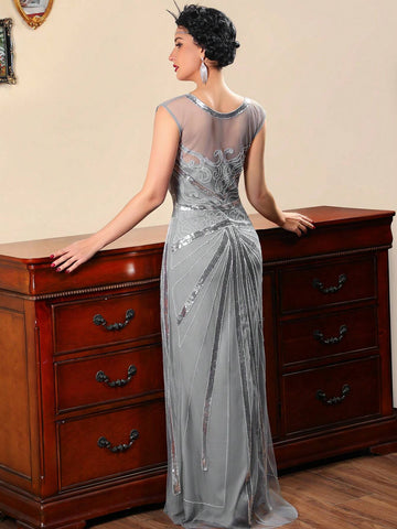 1920s Mesh Contrast Sleeveless Summer Gatsby Party Dress