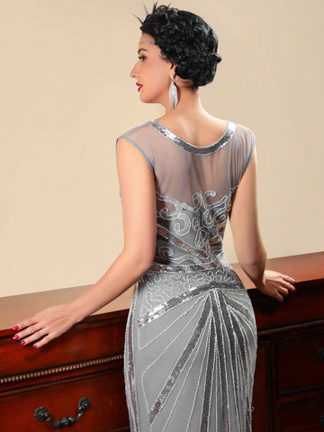 1920s Mesh Contrast Sleeveless Summer Gatsby Party Dress