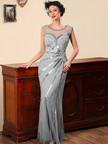 1920s Mesh Contrast Sleeveless Summer Gatsby Party Dress