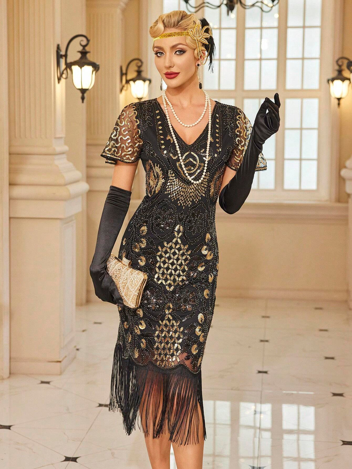 1920s Vintage Flapper Dress, Mesh Fringe Sequin Party Dress