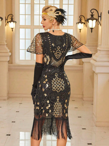 1920s Vintage Flapper Dress, Mesh Fringe Sequin Party Dress