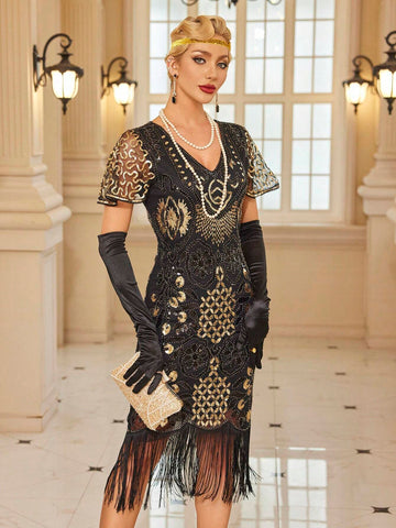 1920s Vintage Flapper Dress, Mesh Fringe Sequin Party Dress