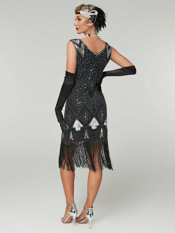 1920s Vintage Sleeveless Fringed Sequin Party Dress