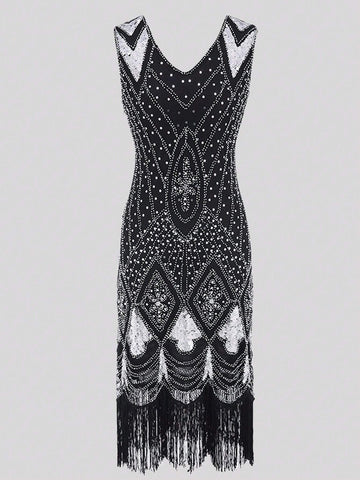 1920s Vintage Sleeveless Fringed Sequin Party Dress