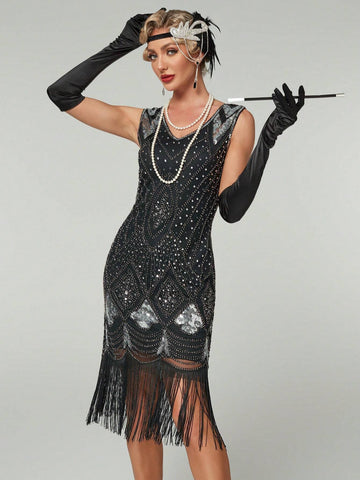 1920s Vintage Sleeveless Fringed Sequin Party Dress