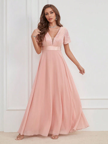 LUNE Contrast Sequin Mesh Panel Chiffon Party Dress