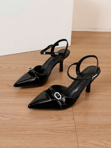 Elegant Women's Pointed Toe Black High Heel Pumps  Fashionable Leather Buckle Strap Sexy Peep Toe Pumps