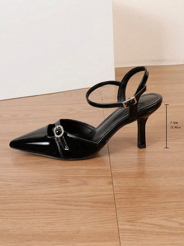 Elegant Women's Pointed Toe Black High Heel Pumps  Fashionable Leather Buckle Strap Sexy Peep Toe Pumps