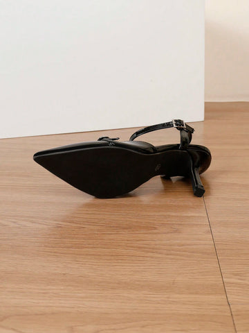 Elegant Women's Pointed Toe Black High Heel Pumps  Fashionable Leather Buckle Strap Sexy Peep Toe Pumps