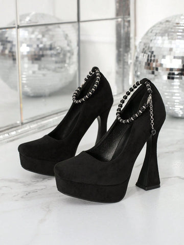 Faux Pearl Single Strap Peep Toe Platform Chunky Heel Elegant Pumps