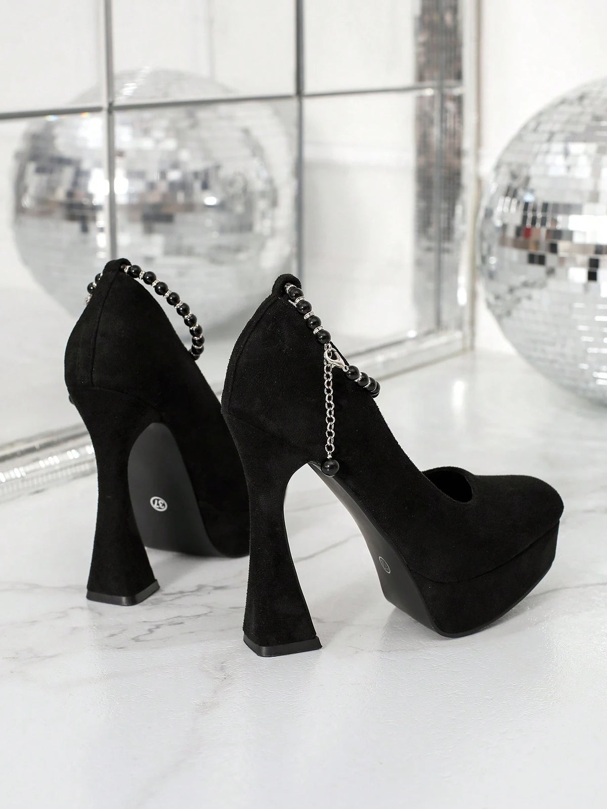 Faux Pearl Single Strap Peep Toe Platform Chunky Heel Elegant Pumps