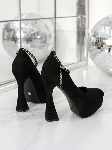 Faux Pearl Single Strap Peep Toe Platform Chunky Heel Elegant Pumps