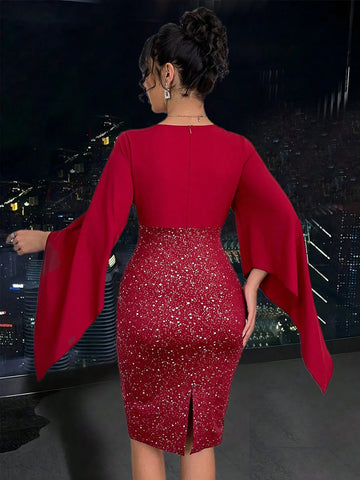 1 Pc Women's V-Neck Design Sleeve High Waist Glittery Dress, Red