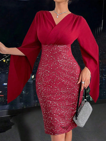 1 Pc Women's V-Neck Design Sleeve High Waist Glittery Dress, Red