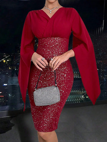 1 Pc Women's V-Neck Design Sleeve High Waist Glittery Dress, Red