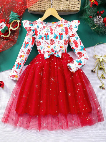1 Pc Young Girl Christmas Tree Print Long Sleeve Bow Decor Mesh Cute Dress