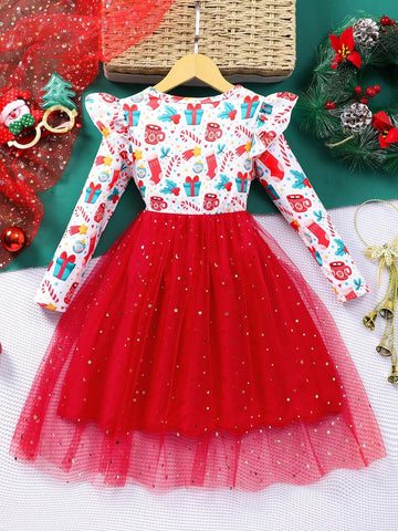 1 Pc Young Girl Christmas Tree Print Long Sleeve Bow Decor Mesh Cute Dress