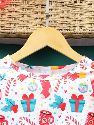 1 Pc Young Girl Christmas Tree Print Long Sleeve Bow Decor Mesh Cute Dress