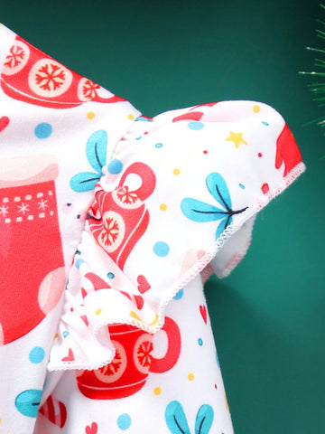 1 Pc Young Girl Christmas Tree Print Long Sleeve Bow Decor Mesh Cute Dress