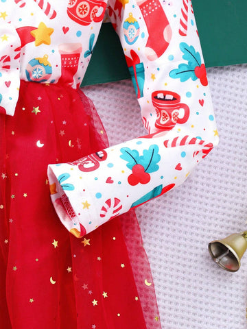 1 Pc Young Girl Christmas Tree Print Long Sleeve Bow Decor Mesh Cute Dress