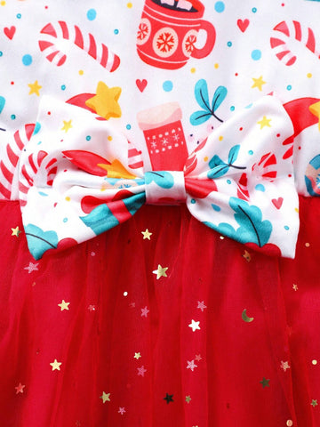 1 Pc Young Girl Christmas Tree Print Long Sleeve Bow Decor Mesh Cute Dress