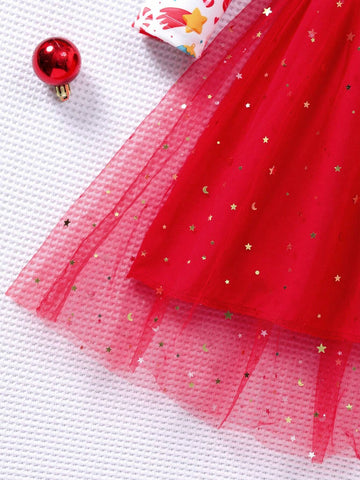 1 Pc Young Girl Christmas Tree Print Long Sleeve Bow Decor Mesh Cute Dress