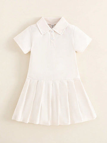 1 Piece Little Girls' Casual Turndown Collar Half Placket Polo Dress, Sporty Style Fashionable & Versatile