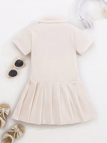 1 Piece Little Girls' Casual Turndown Collar Half Placket Polo Dress, Sporty Style Fashionable & Versatile
