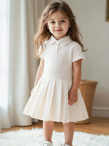 1 Piece Little Girls' Casual Turndown Collar Half Placket Polo Dress, Sporty Style Fashionable & Versatile