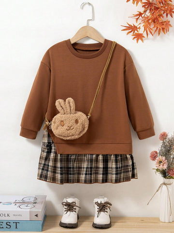 1 SET Girls Round Neck Long Sleeve Top & Plaid Pleated Skirts Dress With Bag