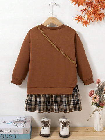 1 SET Girls Round Neck Long Sleeve Top & Plaid Pleated Skirts Dress With Bag