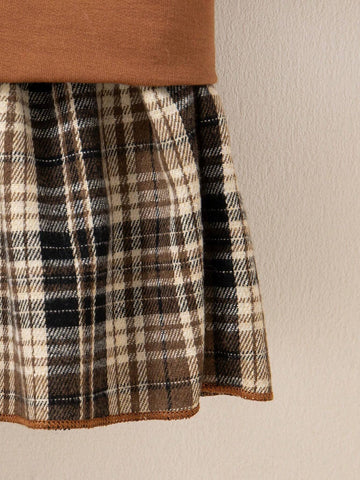 1 SET Girls Round Neck Long Sleeve Top & Plaid Pleated Skirts Dress With Bag