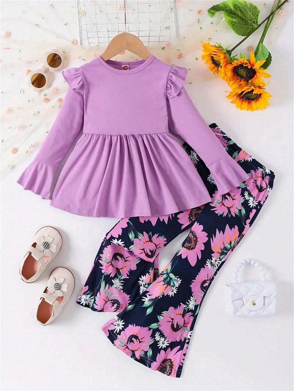 1 Set Girls Ruffle Hem Decor Long Sleeve Pullover Top + Floral Print Pants, Autumn/Winter Outfit