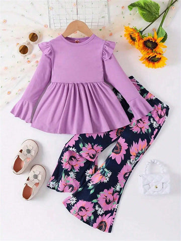 1 Set Girls Ruffle Hem Decor Long Sleeve Pullover Top + Floral Print Pants, Autumn/Winter Outfit