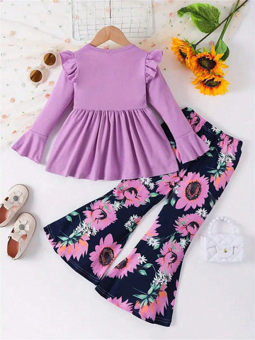 1 Set Girls Ruffle Hem Decor Long Sleeve Pullover Top + Floral Print Pants, Autumn/Winter Outfit